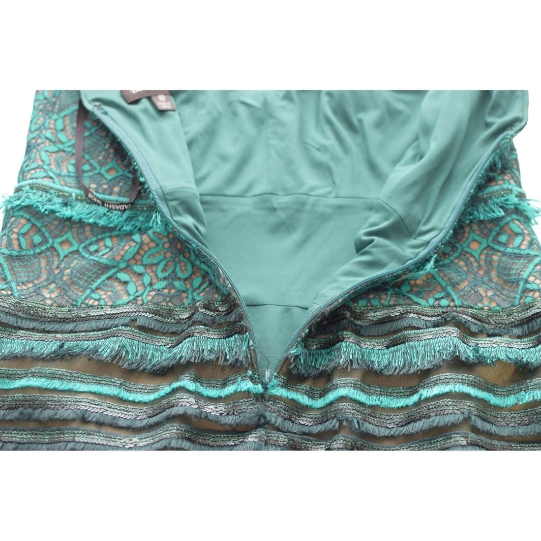 Tadashi Shoji Blue Knee Length Sleeveless Sequined Lace Dress w. Fringes size 10 - 9