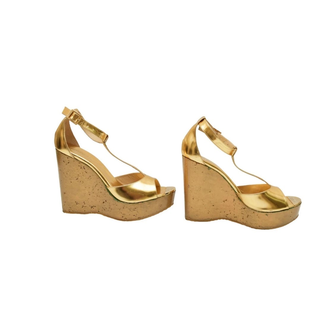 Jimmy Choo Gold Leather T - strap Sandals Wedges Heel Platform Shoes size 41 - 3