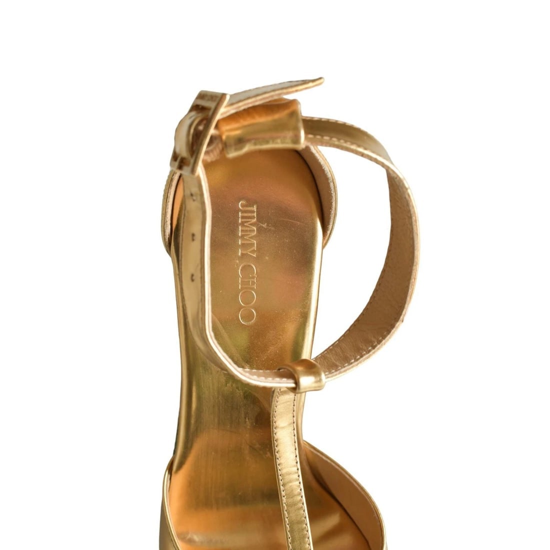 Jimmy Choo Gold Leather T - strap Sandals Wedges Heel Platform Shoes size 41 - 7