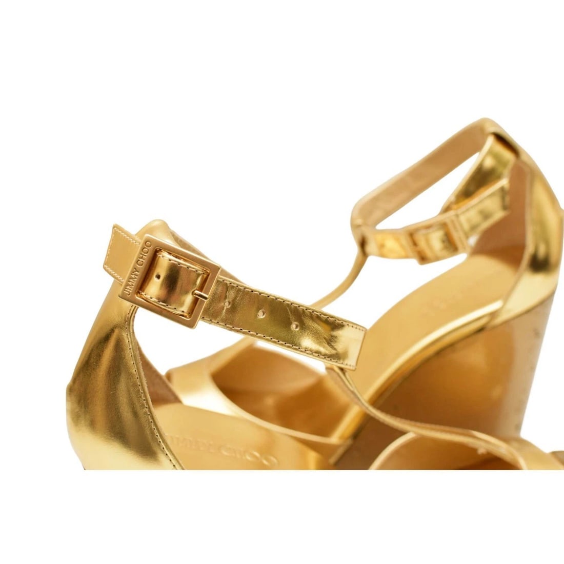 Jimmy Choo Gold Leather T - strap Sandals Wedges Heel Platform Shoes size 41 - 9