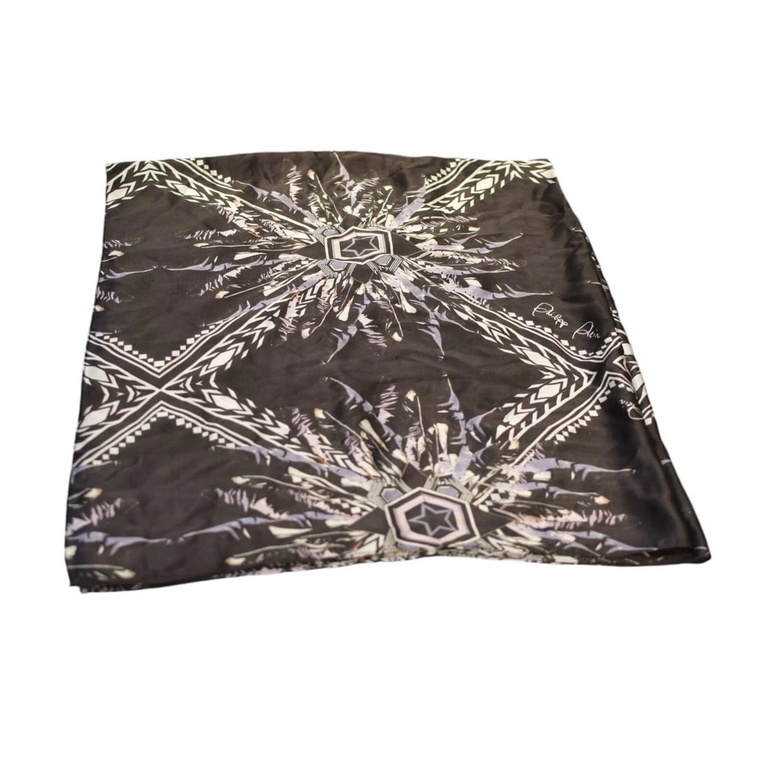 Philipp Plein Black White Blue Feathers Print & Logo Large 100% Silk Scarf Wrap (1 of 9)
