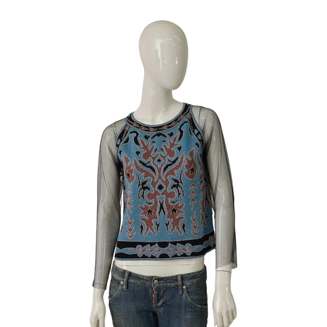 Missoni Blue Patterned Knit Black Tulle Sleeves Blouse Top size 42 (1 of 5)