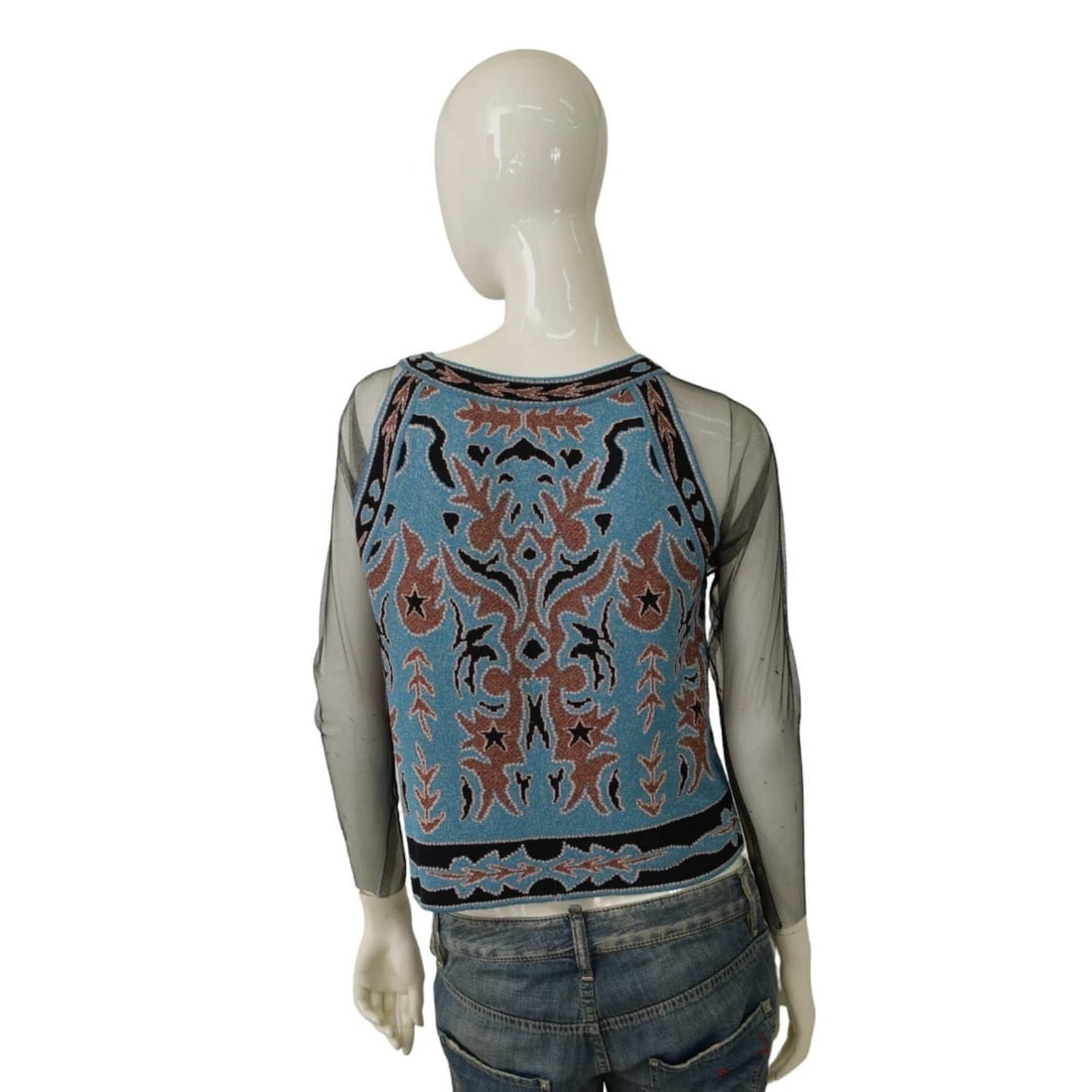 Missoni Blue Patterned Knit Black Tulle Sleeves Blouse Top size 42 - 2