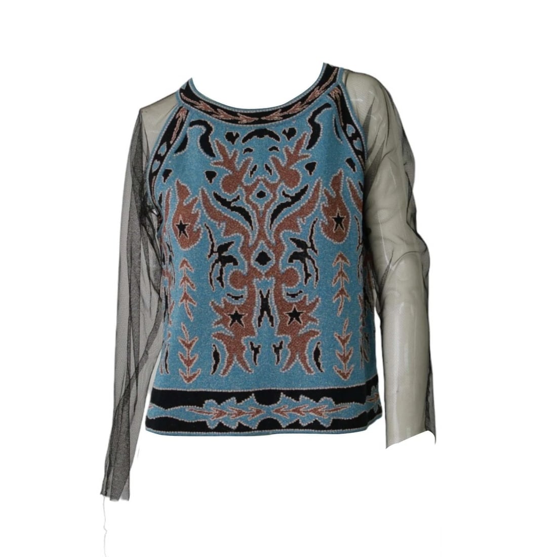 Missoni Blue Patterned Knit Black Tulle Sleeves Blouse Top size 42 - 3