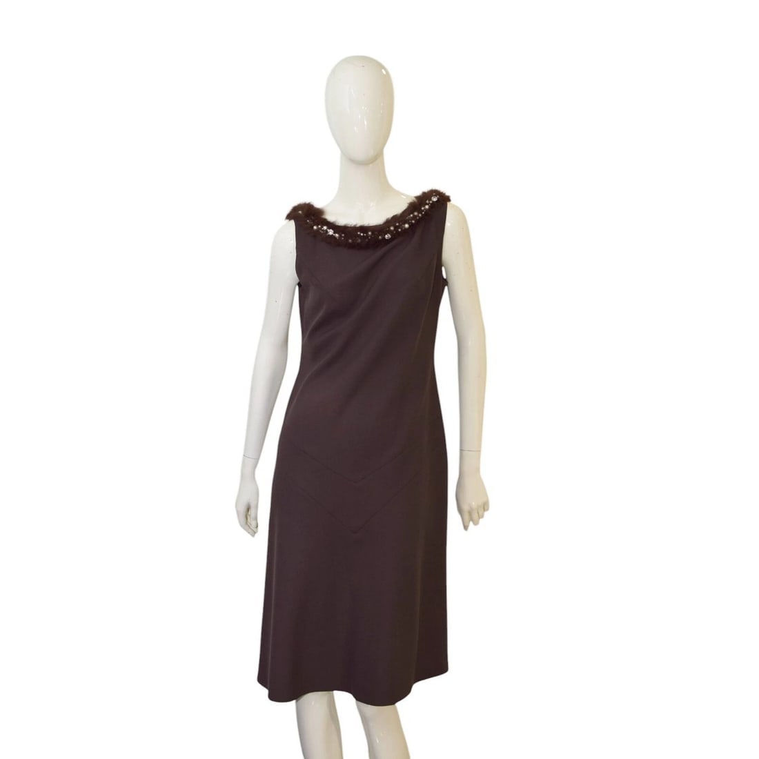 Blumarine Brown Fur w. Pearls Neckline Sleeveless A- Line Knee Dress size 44 (1 of 8)