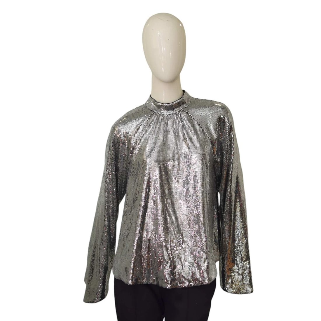 R+A Silver Fully Sequined High Neckline A- Line Wide Sleeves Blouse Top (1 of 6)
