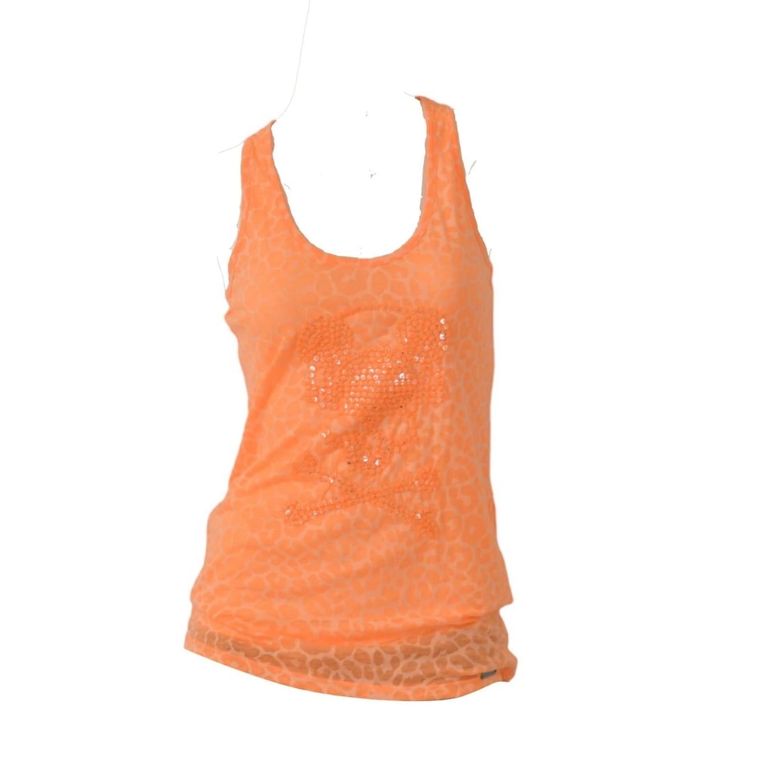 Philipp Plein Orange Leopard Print Skull Mickey Ears Tank Racer Back Top Size M - 7