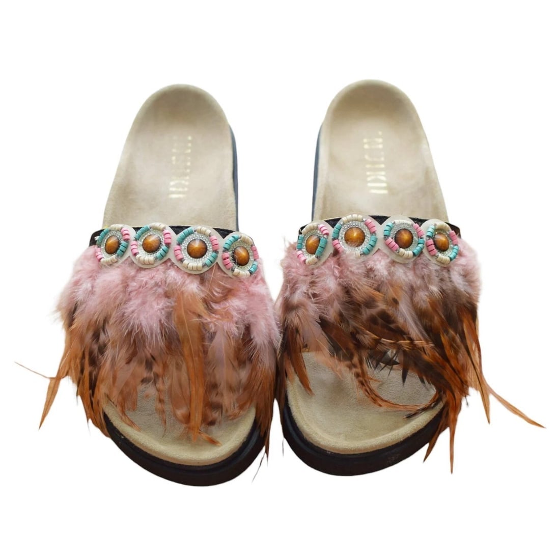 Inuikii Pink Brown Feathers Ethnic Slides Sandals Open Toe Shoes size 39 (1 of 10)