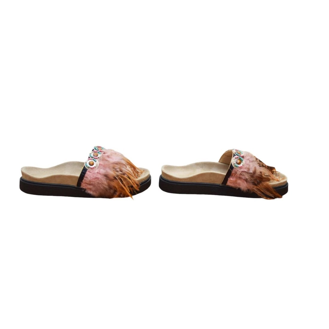 Inuikii Pink Brown Feathers Ethnic Slides Sandals Open Toe Shoes size 39 - 4