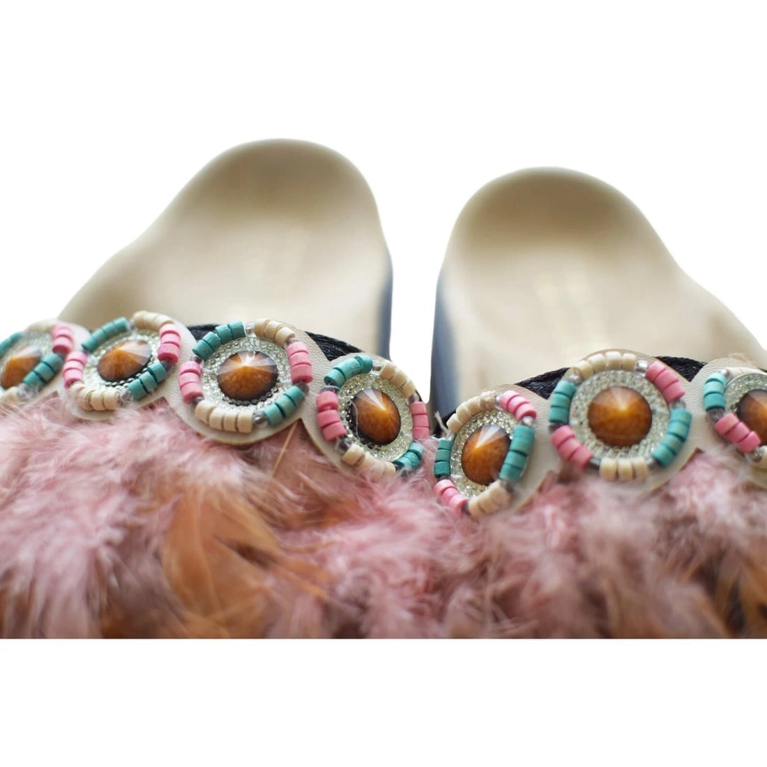 Inuikii Pink Brown Feathers Ethnic Slides Sandals Open Toe Shoes size 39 - 8