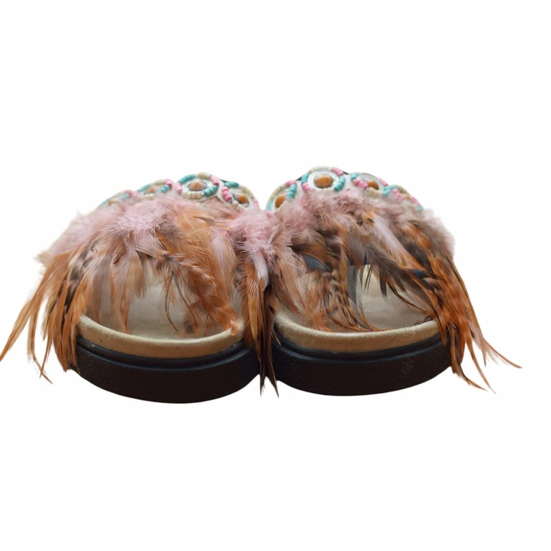 Inuikii Pink Brown Feathers Ethnic Slides Sandals Open Toe Shoes size 39 - 9