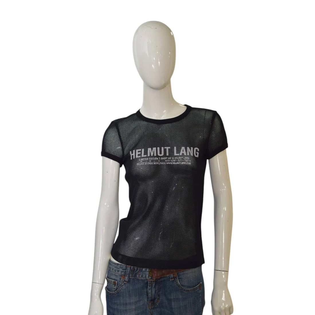 Helmut Lang Black Fishnet Sheer Short Sleeve Round Neckline T-shirt Blouse Top S (1 of 6)