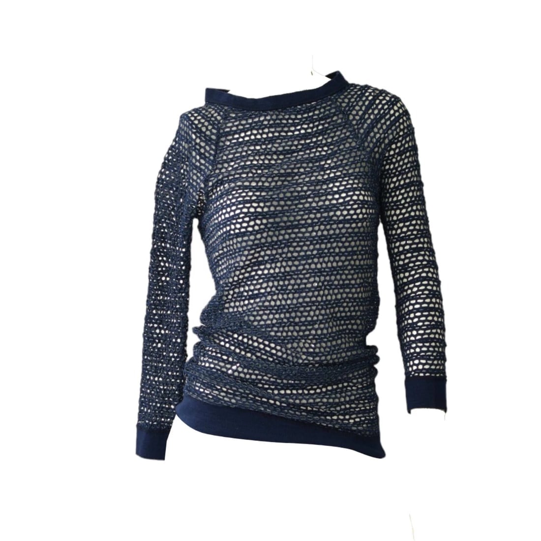 Isabel Marant Blue Perforated Elastic Sheer Fitted Blouse Long Sleeve Top size 2 - 3