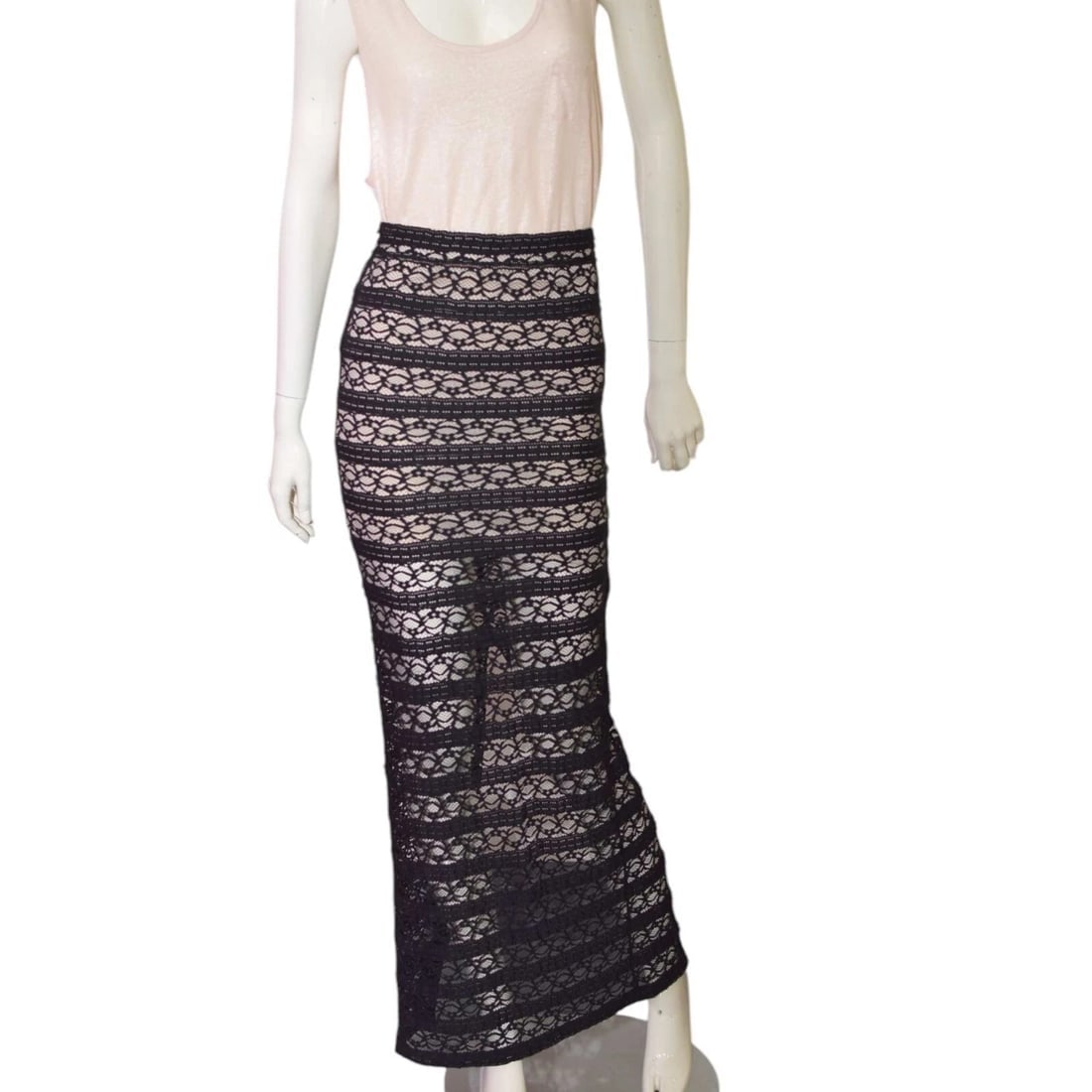 Alice + Olivia Black Elastic Sheer Lace Long Skirt Half Lined size 2 (1 of 7)
