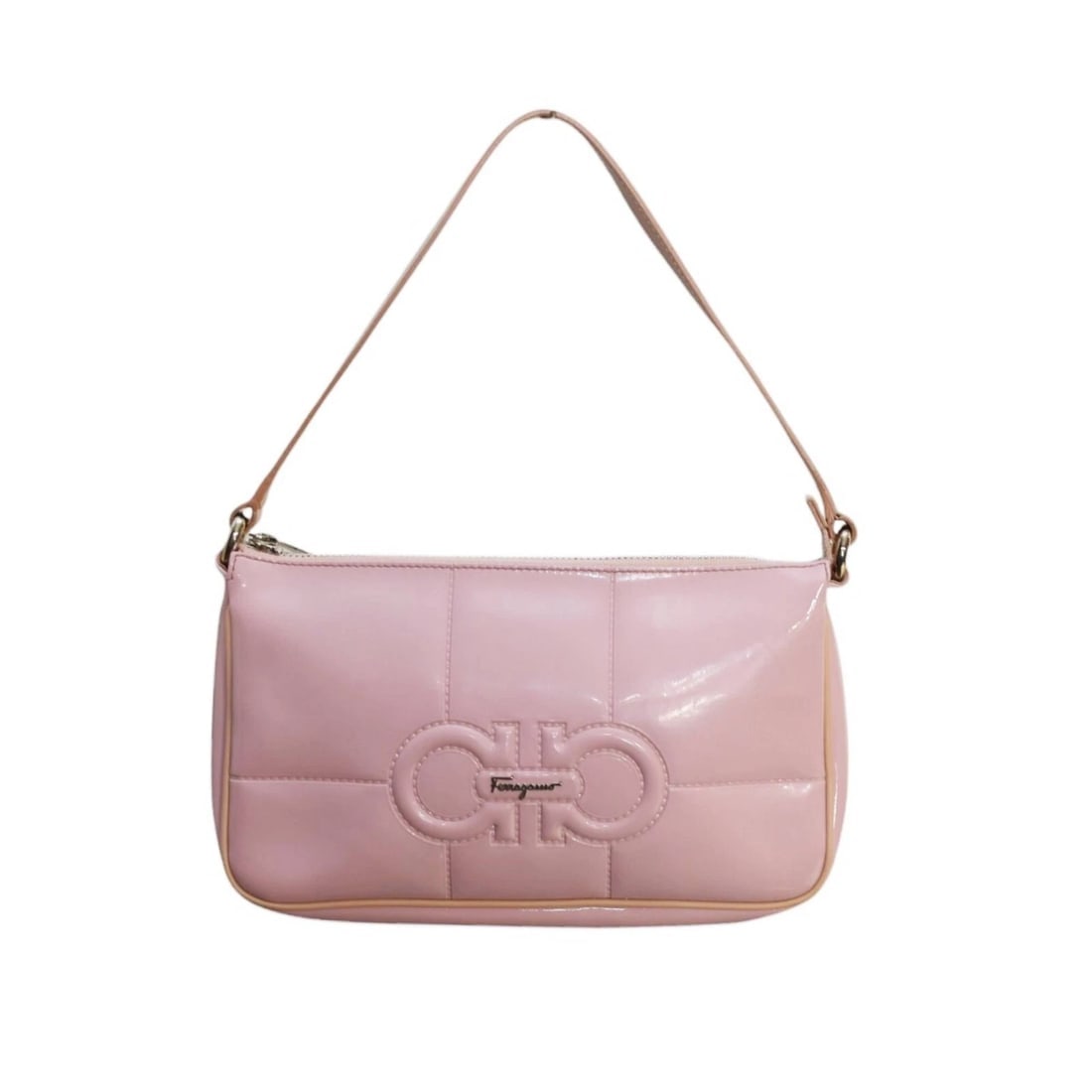 Ferragamo Black Pink Patent Leather Double Gancio Quilted Baguette Shoulder Bag: Title:Ferragamo Black Pink Patent Leather Double Gancio Quilted Baguette Shoulder BagDescription:Ferragamo Black Pink Patent Leather Double Gancio Quilted Baguette Shoulder Bag The bag is elegant
