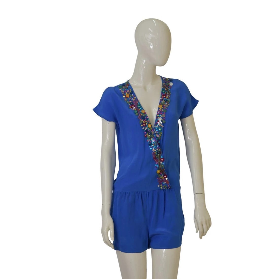 American Retro Fidji Blue Silk Sequins Embroidery Romper Playsuit Shorts size 40 (1 of 9)