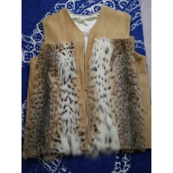 Homemade Boho Lynx & Suede Fur Vest Coat Jacket: Here is a homemade Lynx vest, It is a thick camel color suede, with pieces of lynx fur sewn on it. it has raw edges and is boho shabby chic, not new perfect. The lining was stitched in & has stains &