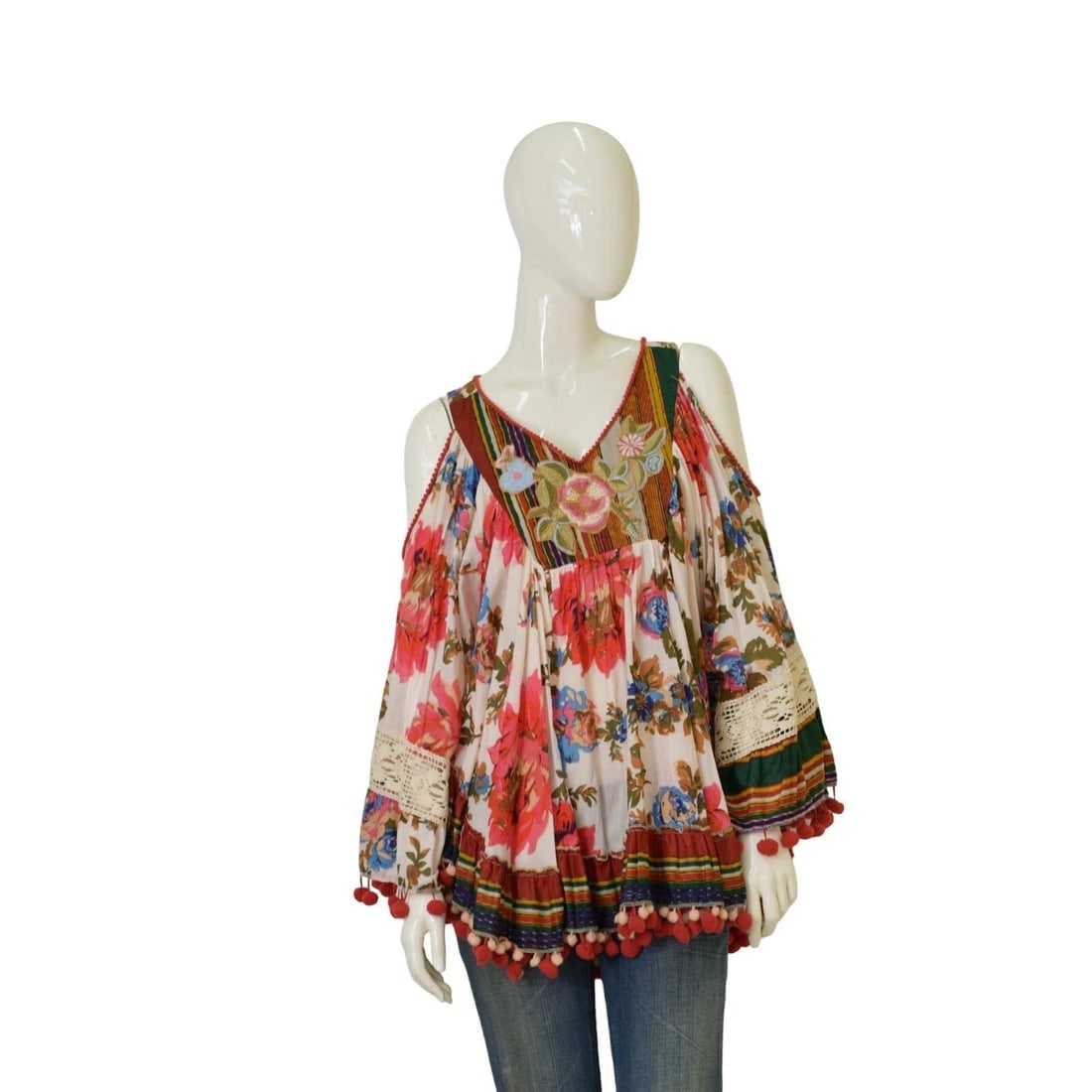 Antica Sartoria Floral Embroidery Cold Shoulders Pom Poms Tunic Blouse Top OS (1 of 12)