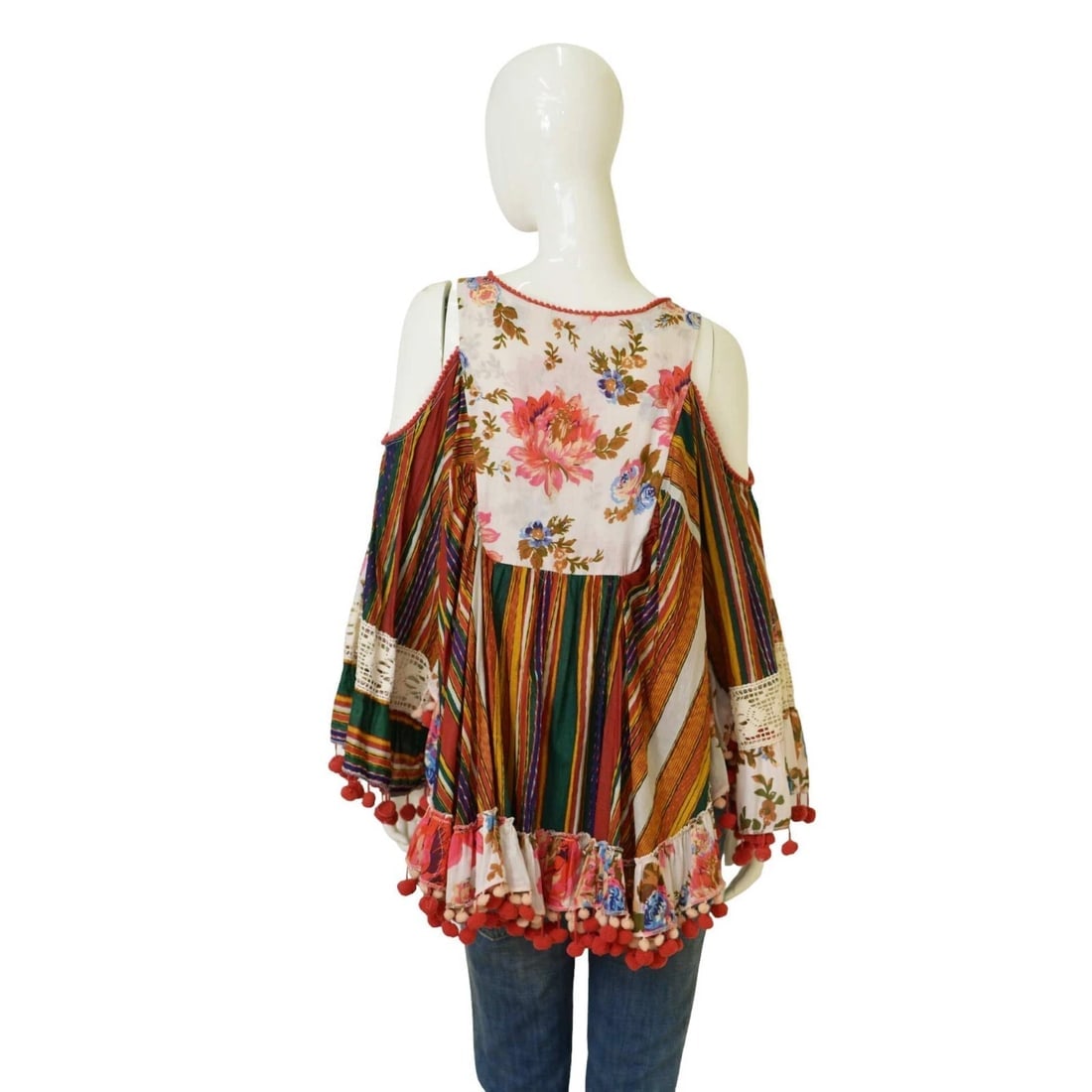 Antica Sartoria Floral Embroidery Cold Shoulders Pom Poms Tunic Blouse Top OS - 2