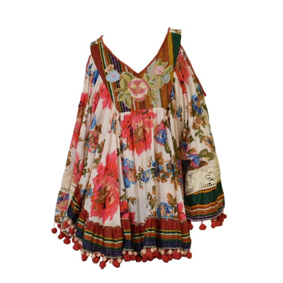 Antica Sartoria Floral Embroidery Cold Shoulders Pom Poms Tunic Blouse Top OS - 3