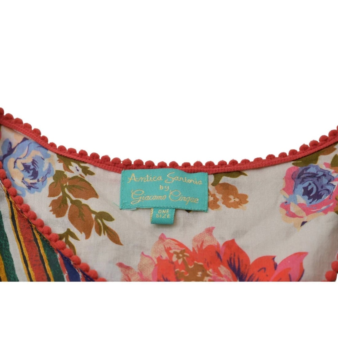 Antica Sartoria Floral Embroidery Cold Shoulders Pom Poms Tunic Blouse Top OS - 4