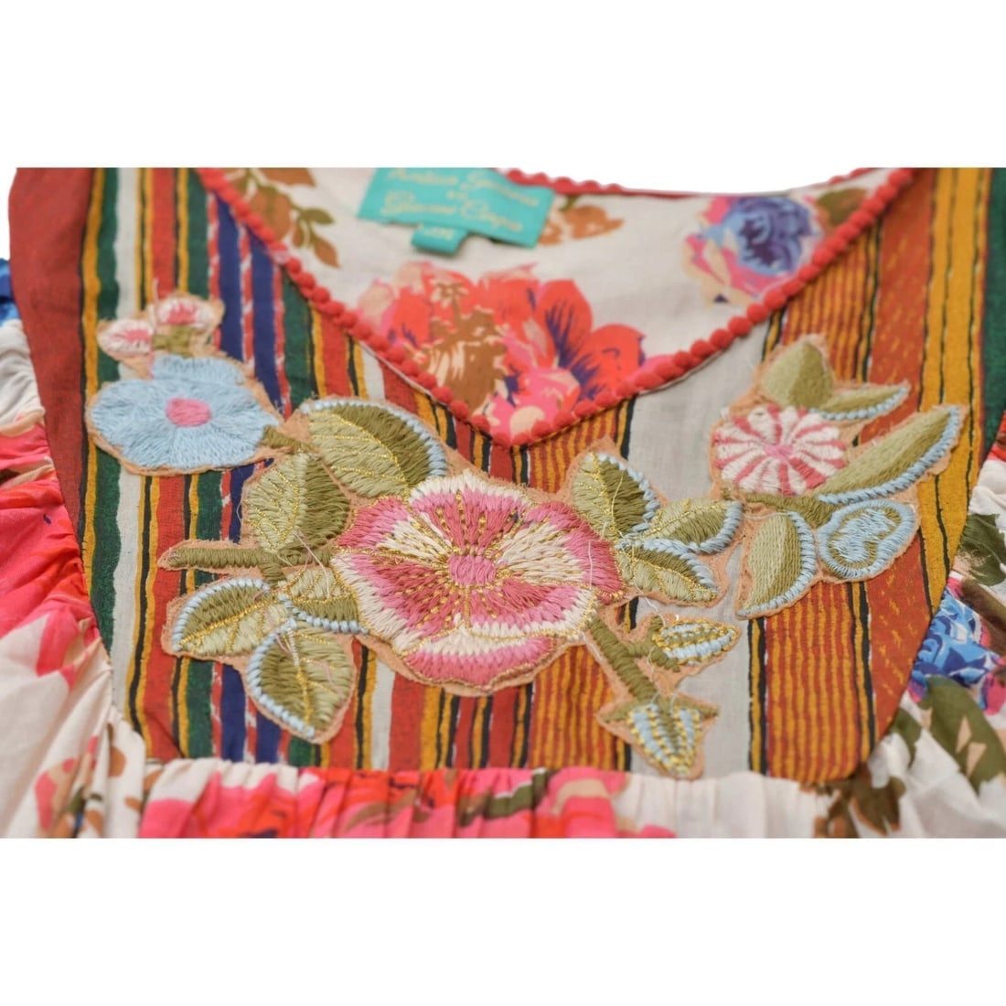 Antica Sartoria Floral Embroidery Cold Shoulders Pom Poms Tunic Blouse Top OS - 6