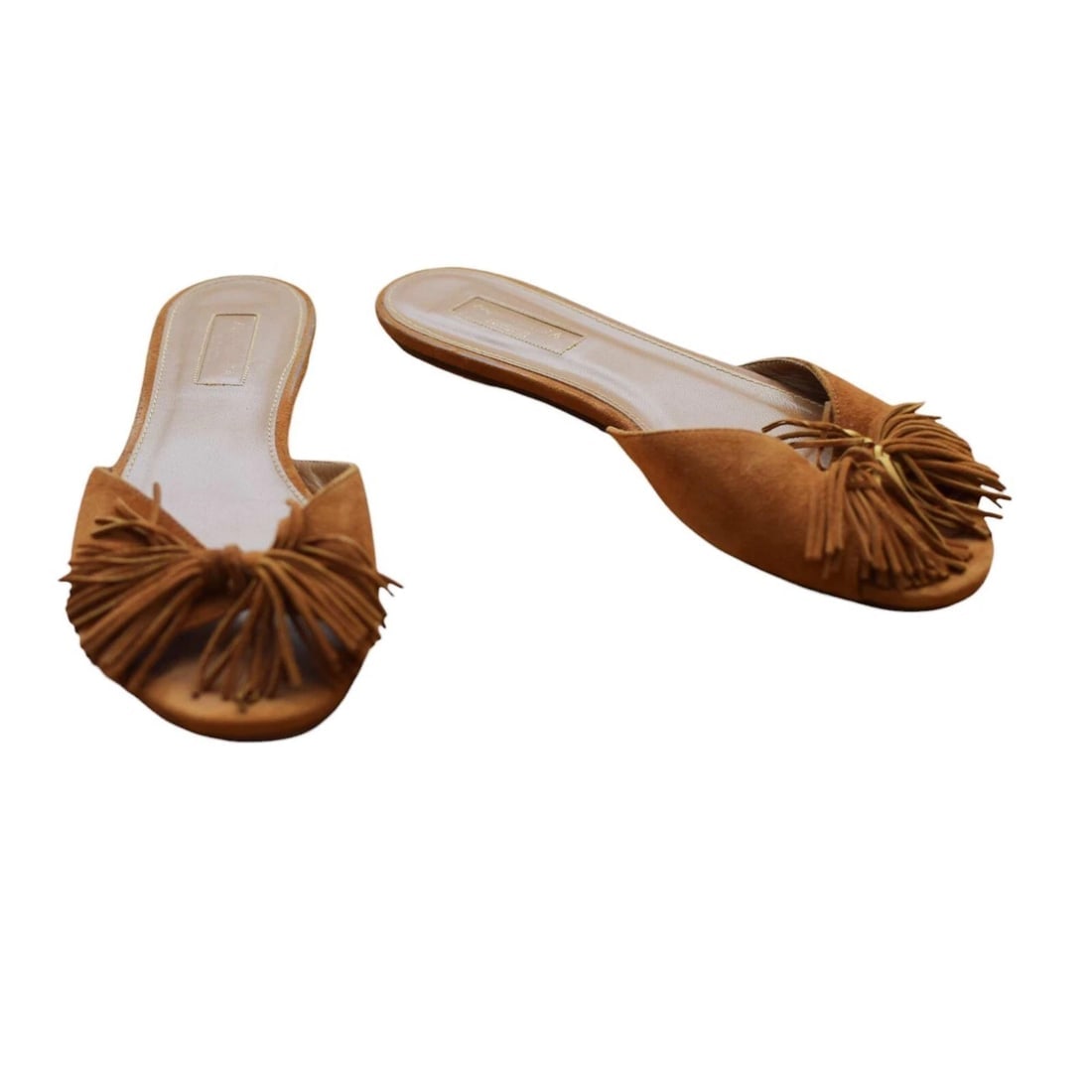 Aquazzura Brown Suede Tassels Fringes Flat Slides Sandal Shoes size 37.5 - 8