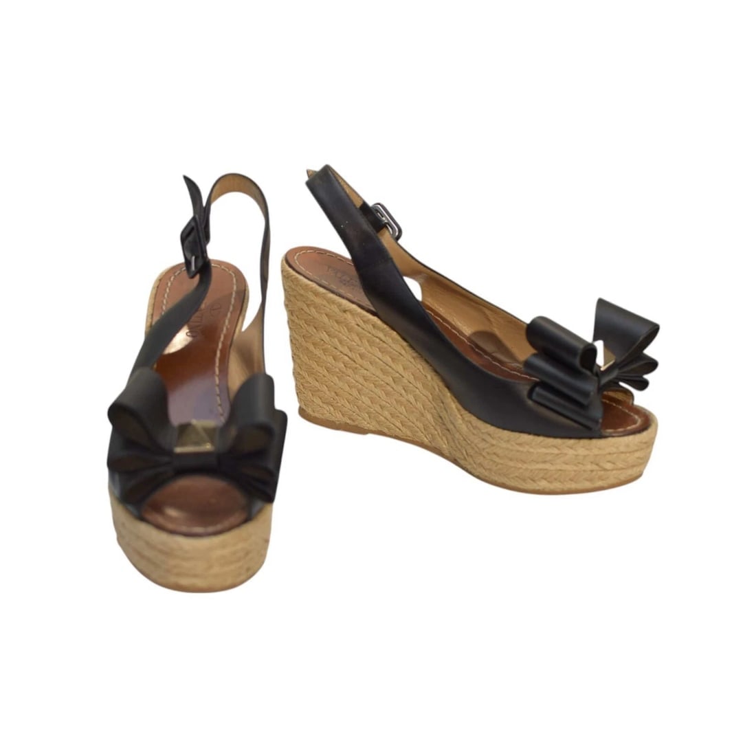 Valentino Rockstud Black Leather Bow Wedge Slingback Platform Shoes Size 36 (1 of 9)