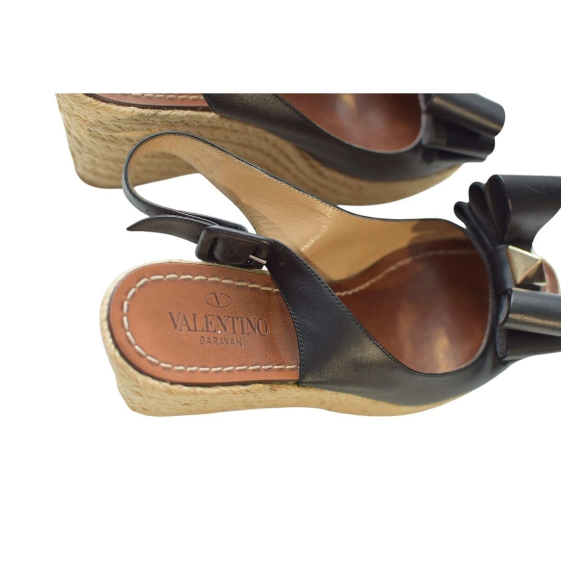 Valentino Rockstud Black Leather Bow Wedge Slingback Platform Shoes Size 36 - 8