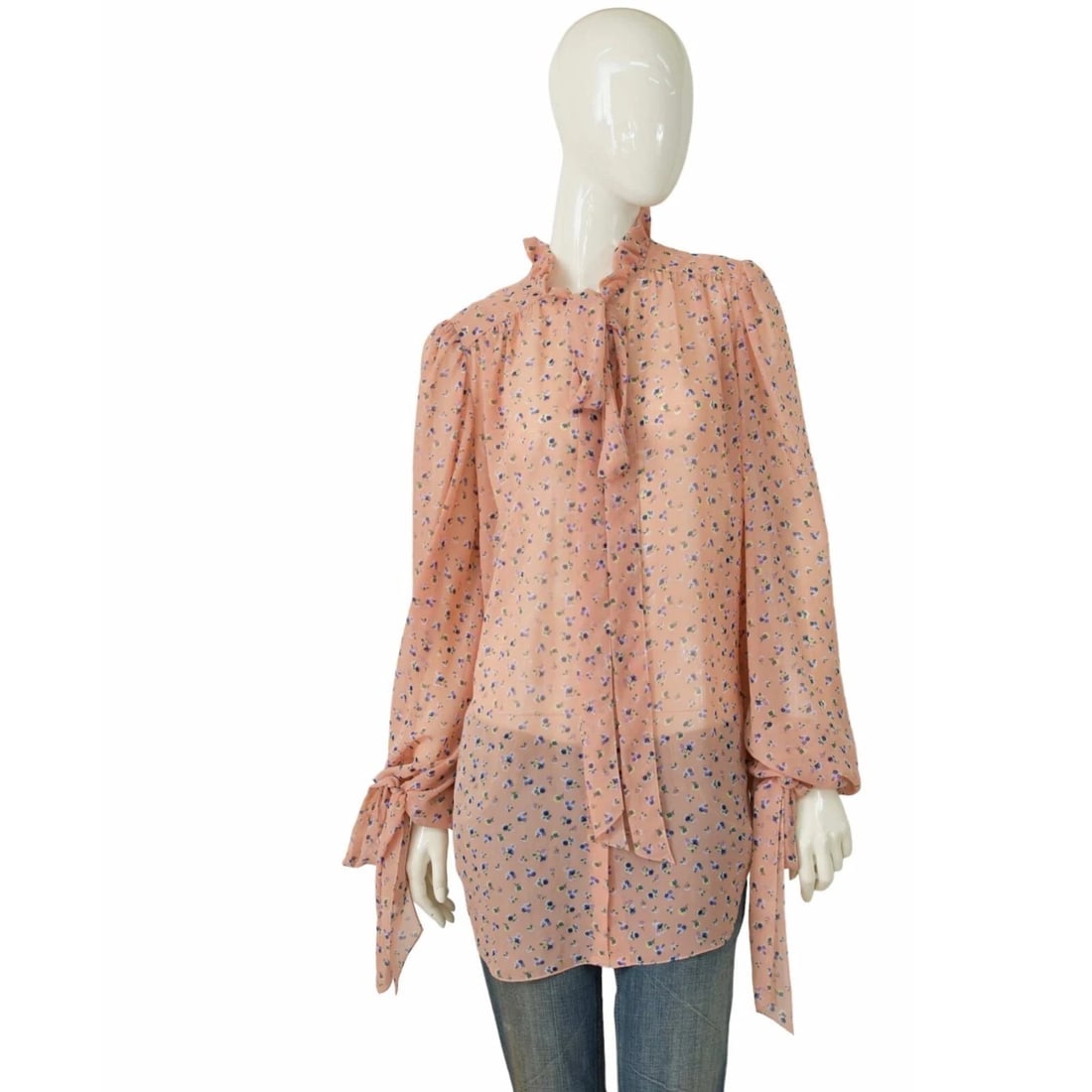 Poustovit Pink Floral Long Sheer w. Large Bows Button Down Shirt size 38 (1 of 9)