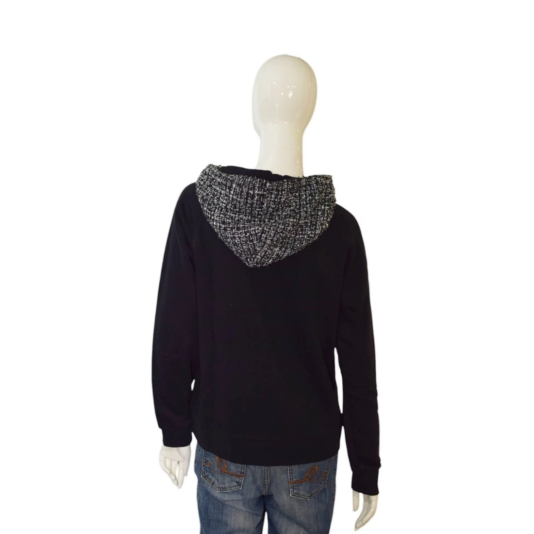 Karl Lagerfeld Black & Gray Tweed Long Sleeve Hooded Top size M - 2