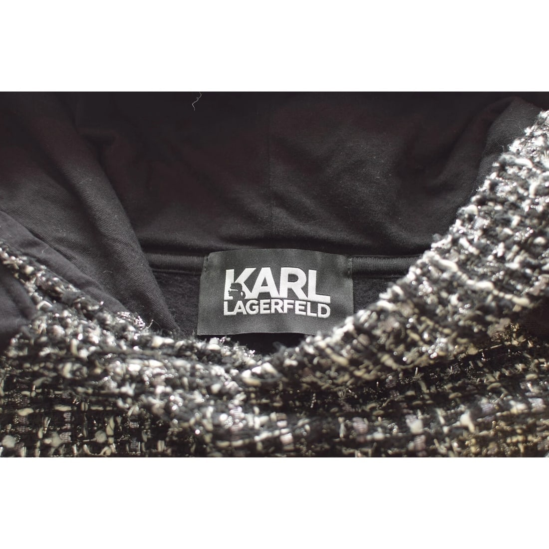 Karl Lagerfeld Black & Gray Tweed Long Sleeve Hooded Top size M - 3