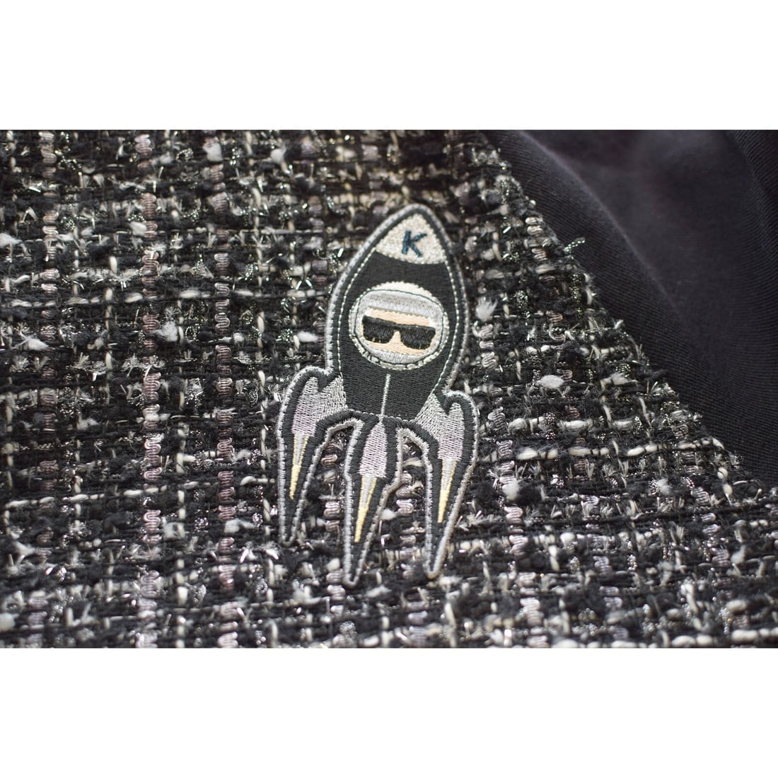 Karl Lagerfeld Black & Gray Tweed Long Sleeve Hooded Top size M - 5