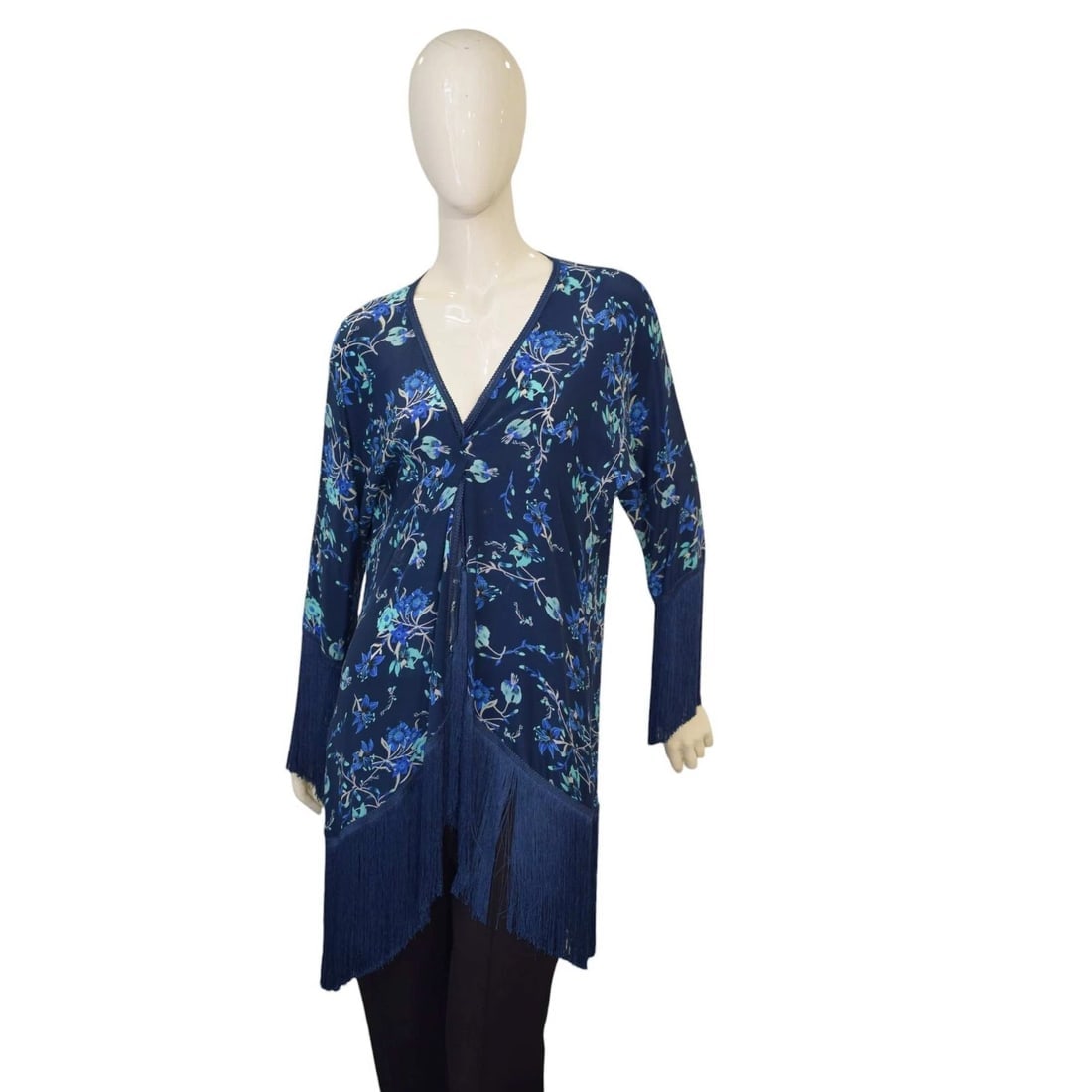 Athena Procopiou Blue Floral Open Front Silk Cardi Cardigan Fringes one size OS (1 of 7)