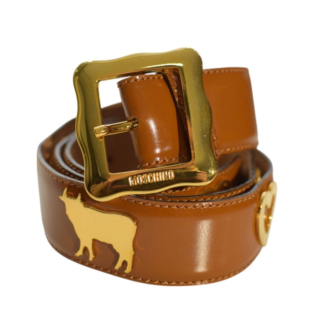 Moschino Brown Shiny Leather Gold Tone Heart & Cows Buckle Belt size 44: Title:Moschino Brown Shiny Leather Gold Tone Heart & Cows Buckle Belt size 44Description:Moschino Love Woman's Tan Cow Leather Studded Gold Tone Press Stud Belt sz 90 Moschino Brown Shiny Leather