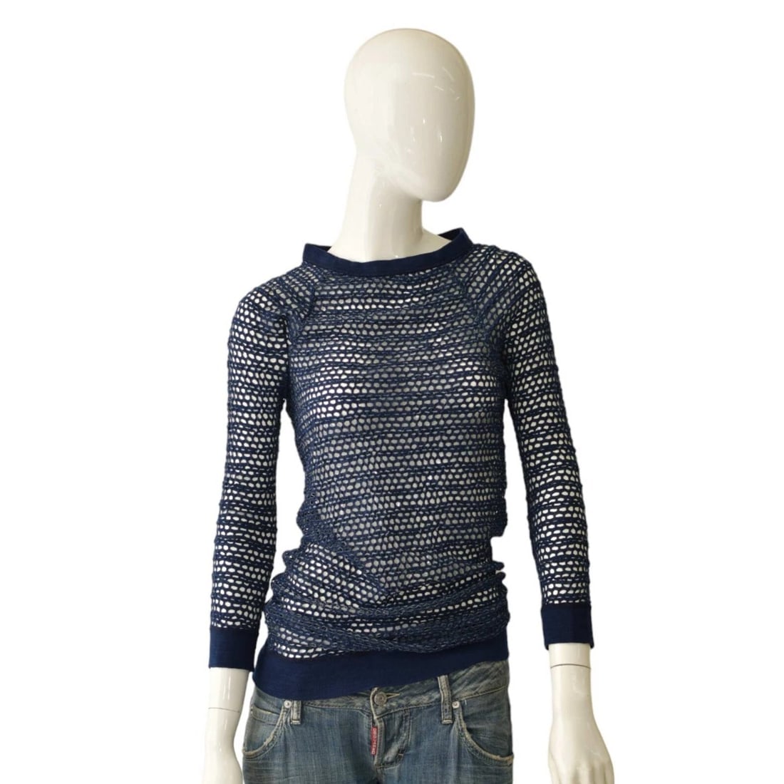 Isabel Marant Blue Perforated Elastic Sheer Fitted Blouse Long Sleeve Top size 3 (1 of 5)