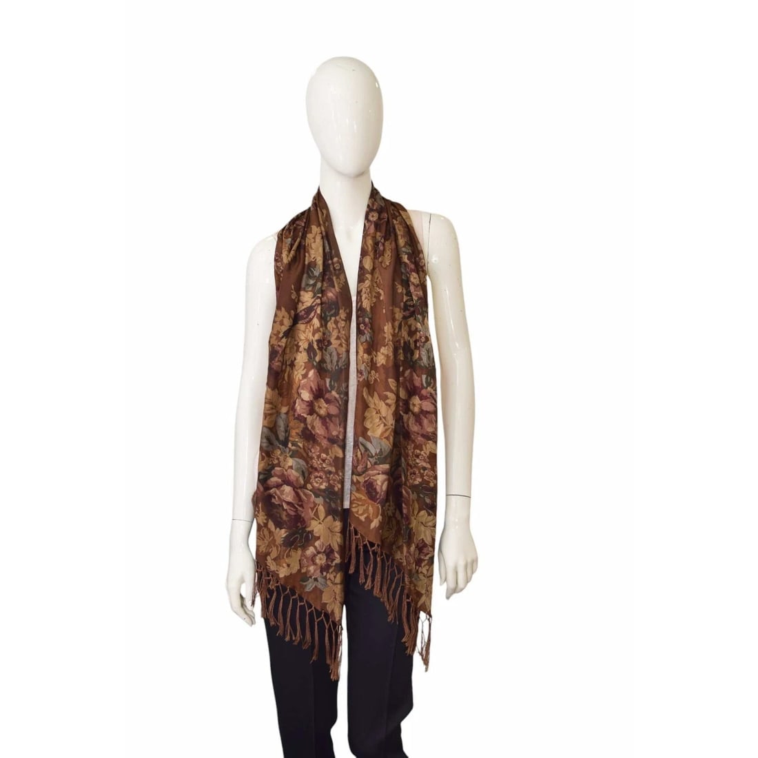 Ralph Lauren Floral Long Earthly Hues Brown Beige Scarf Foulard Wrap w. Fringes (1 of 7)