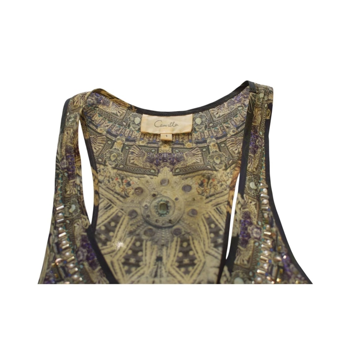 Camilla Printed & Beaded 100% Silk Sleeveless Long Summer V Neck Racerback dress - 3