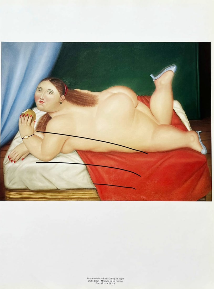 Fernando Botero 23 Colombian Lady Eating an Apple 1983: Title: Fernando Botero 23 Colombian Lady Eating an Apple 1983 Description: Title: Colombian Lady Eating an Apple Artist: Fernando Botero Country: Colombia Medium: Offset - Quadrichromie 23 Marks: