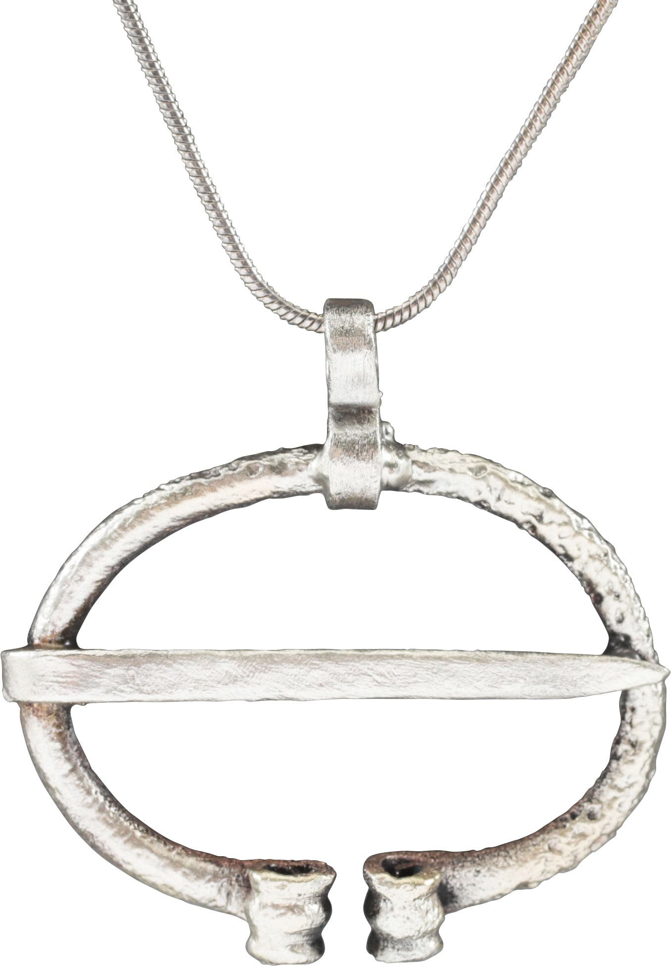 VIKING PROTECTIVE BROOCH 850-1050 AD.: About 1 1/2" width (1.51"), oval form with the ends reeded and curled. Original cross pin. Worn in numbers on the leather war jerkin, at an ounce each, a few pounds could be added providing significan