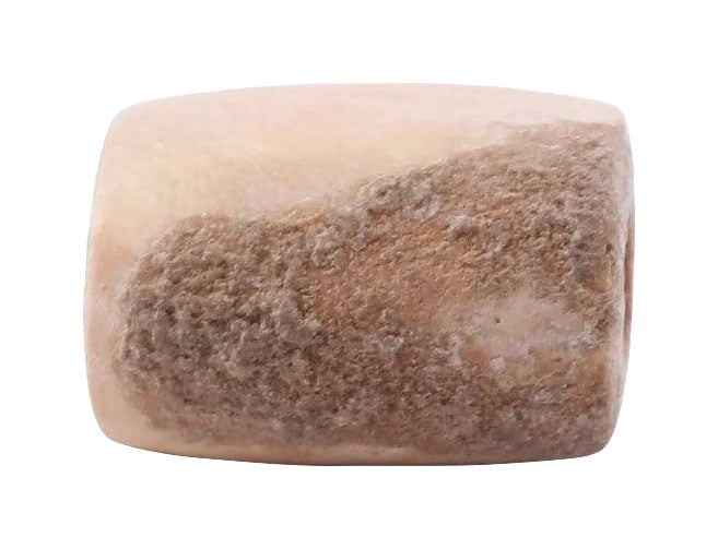 VIKING STONE OR SHELL BEAD, 9th-11th CENTURY AD: Over 1/2" length (0.55") and just under 1/2 (0.45") width. Oval section and biconically drilled. Skillfully worked to uniform shape based on the interface of white and gray streaks. Excellent as made.