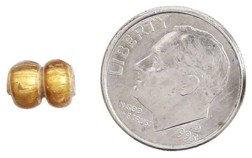 VIKING GLASS DOUBLE BEAD, C.850-1050 AD: From a Baltic hinterland find including other jewelry items. Imaged as reconstructed by the finder based on the configuration as found. The bead is to scale with the coin. Comprising 63 beads total, w