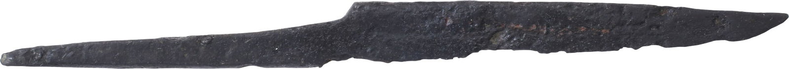 VIKING POUCH KNIFE, 9th-11th CENTURY: Just under 4 ¼" total length. (See https://leatherworkingreverend.files.wordpress.com/2009/07/dsc01382.jpg and https://inhabitat.com/melting-glaciers-reveal-items-lost-in-the-stone-age/ for simil