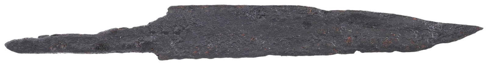 VIKING SIDE KNIFE OR POUCH KNIFE, 866-1067 AD: Danelaw England. Just under 4" (3.87”) total length. Wedge section blade with the straight back and sharply angled point of scramseax form. The thin blade made for slashing and not a working kni