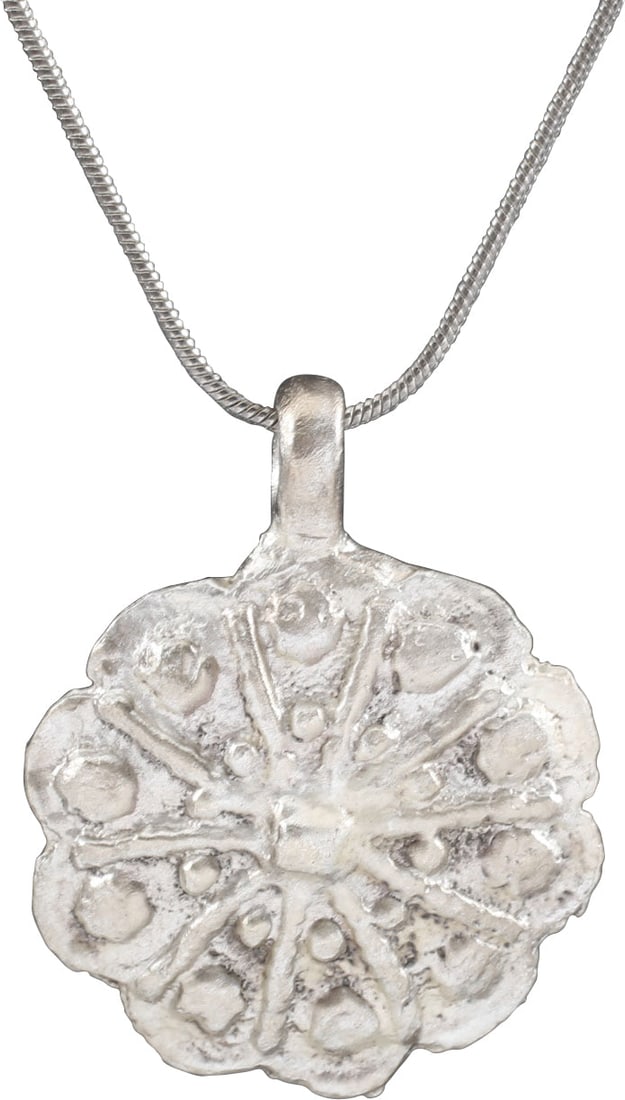 ROMAN WHEEL OF FORTUNE AMULET NECKLACE, 3RD-6TH CENTURY: The Wheel of Fortune (Rota Fortuna) is one of the most enduring of ancient philosophical or religious concepts. It was pivotal in Ancient Greek and Roman Paganism and smoothly transitioned into Christ