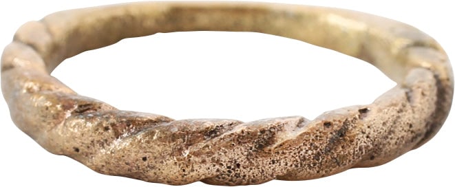 VIKING ROPED OR TWIST WEDDING RING, SIZE 6 1/4: Cambridgeshire, England. Size 6 1/4 with bold twist motif 2/3 its circumference. The spiral or helix was a favorite Viking form. Professionally refurbished with the 24karat gold overlay restored. Viki
