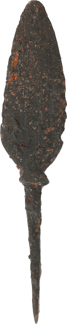 ANCIENT VIKING TANGED ARROWHEAD, C.850-1000 AD: Over 3" length. Point forged with a very low medial ridge on each side and curved base. A specifically purposed flesh cutting point for raiding lightly protected or unarmed adversaries. Vikings raided