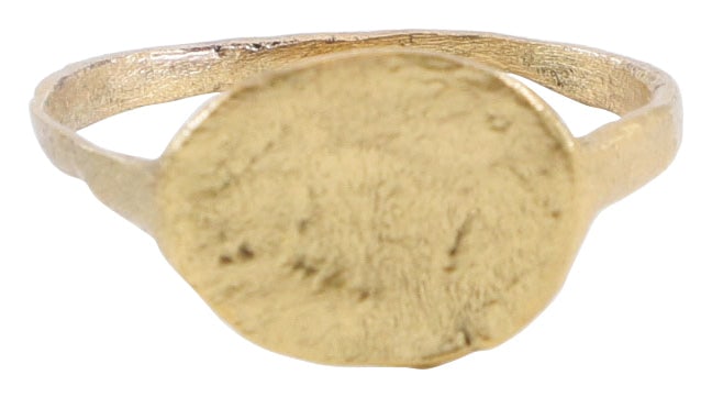 FINE ROMAN WOMAN’S RING C.100-400 AD, SIZE 8 1/2: Gilt bronze, size 8 1/2. Flat face band, 1.4mm. Oval bezel possibly once cut with a signet, now textured from burial. Professionally refurbished with the 24karat gold surface restored. Gift boxed with