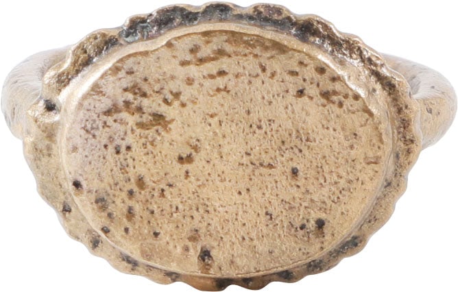 MEDIEVAL EUROPEAN RING 10-16TH CENTURY, SIZE 8 ¾: Gilt bronze of large proportions with scalloped edge raised oval bezel. Deeply rounded face band, 2.9mm width flaring slightly to the shoulders. See Ancient Rings, Pollio, p.102 for another example. P