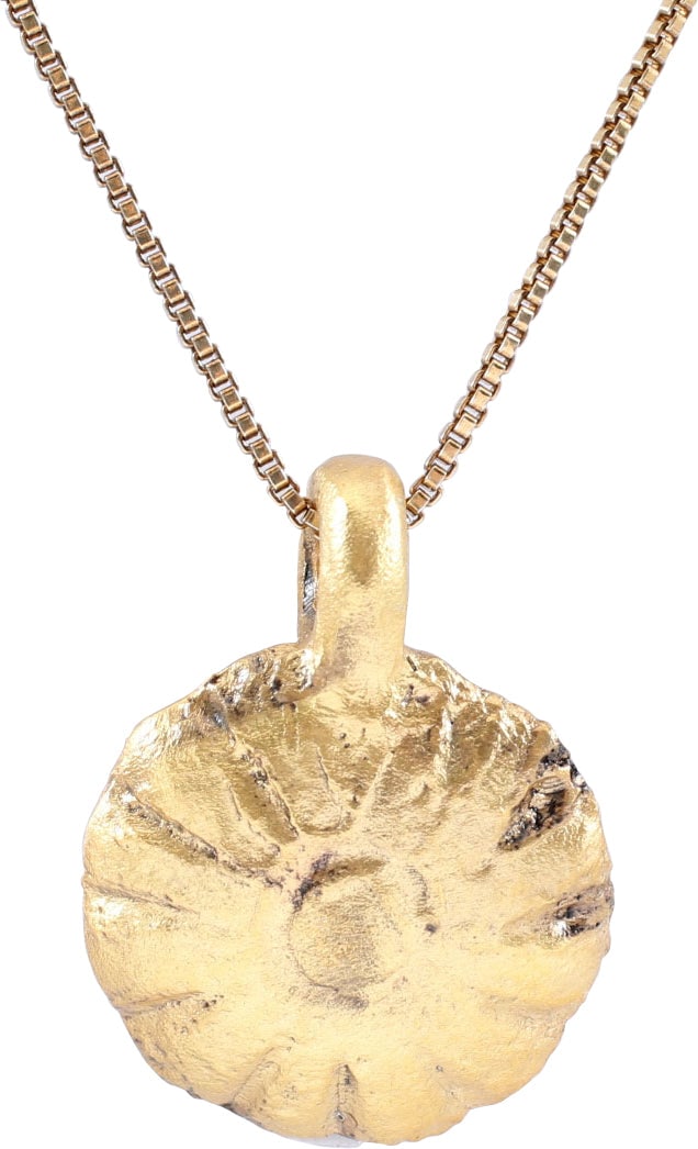 ROMAN/MEDIEVAL PAGAN WOMAN’S PENDANT NECKLACE: 5th-8th century AD, the period of the Fall of Rome and the onset of the Dark Ages. Over 5/8” (0.65”) in diameter with a central dome and radials, depicting the Rota Fortunae (Wheel of Fort
